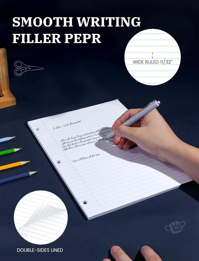 Aidunmis Loose Leaf Paper, 100 Sheets Notebook Paper, Binder Lined Paper Wide Ruled, 8.5'' x 11'' Loose Leaf, 3-Hole Punched Filler Writing Paper, 3-Ring Binder Note Papers, White - Image 5